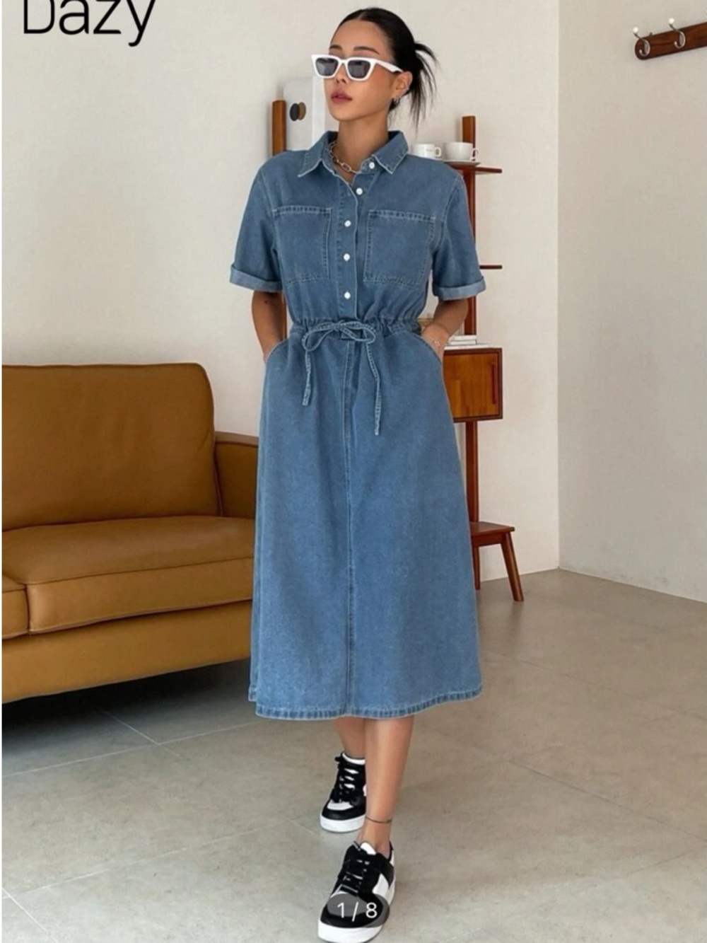 DAZY Denim Drawstring Short Sleeve Summer Midi Dress - Picture 6 of 7